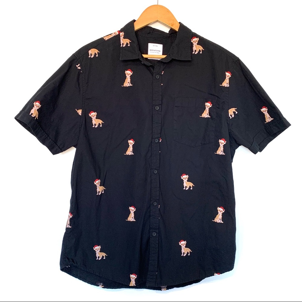 Denim & flower Christmas chihuahua button shirt